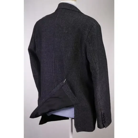 LL Bean Gray Black Gingham Check Knit Woven Blazer Jacket 42R